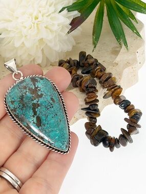 XL Arizona Turquoise Pendant & Tiger’s Eye Bracelet Sterling Silver 925 Overlay